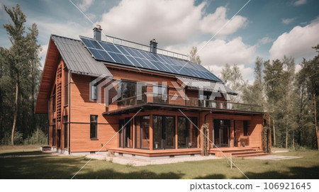 Alternative green energy, solar panels on the roof top of the house. Generative AI Alternative green energy, solar panels on the roof top of the house. Generative AI 106921645