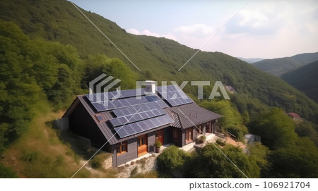 eco-friendly house with solar panels on the roof surrounded by green nature. Generative AI eco-friendly house with solar panels on the roof surrounded by green nature. Generative AI 106921704