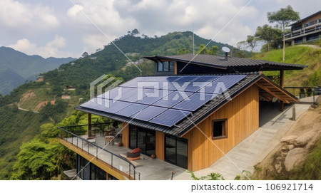 eco-friendly house with solar panels on the roof surrounded by green nature. Generative AI eco-friendly house with solar panels on the roof surrounded by green nature. Generative AI 106921714