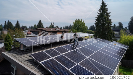 Alternative green energy, solar panels on the roof top of the house. Generative AI Alternative green energy, solar panels on the roof top of the house. Generative AI 106921762