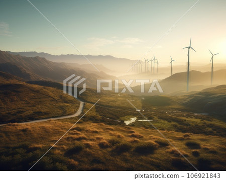 Wind turbines on beautiful sunny summer autumn mountain landsape. Generative AI 106921843
