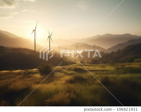 Wind turbines on beautiful sunny summer autumn mountain landsape. Generative AI 106921931