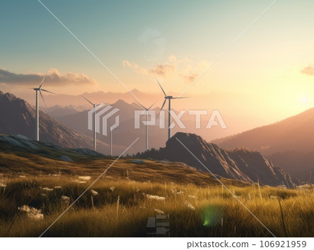 Wind turbines on beautiful sunny summer autumn mountain landsape. Generative AI 106921959