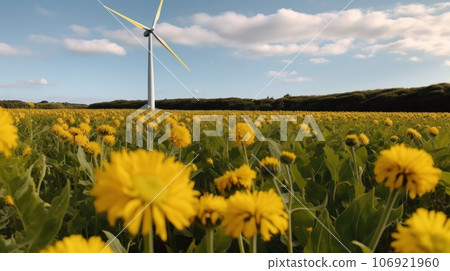 Wind turbine in a yellow flower field, Alternative energy. Generative AI 106921960