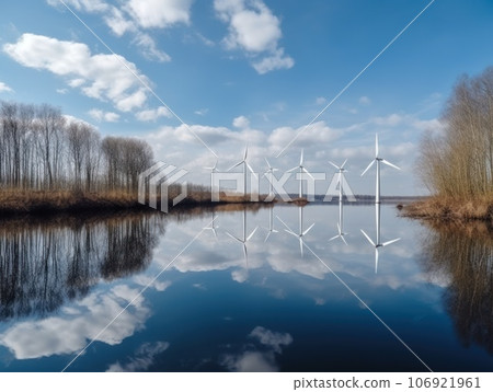 Turbines next to the river. Green energy and eco environment concept. Generative AI 106921961