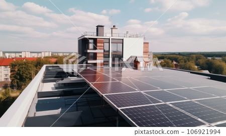 Alternative green energy, solar panels on the roof top of the house. Generative AI 106921994