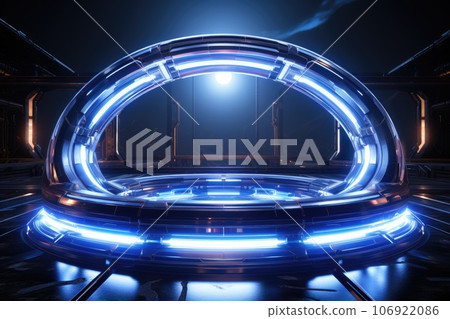 Abstract technology hud interface hologram elements neon lights, circle percent vitality innovation on hi tech future design. Generative AI 106922086