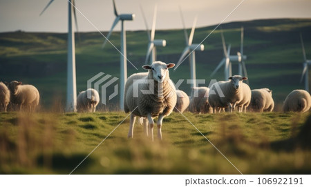 Sheep grazing near wind turbines on the mountain. Generative AI Sheep grazing near wind turbines on the mountain. Generative AI 106922191