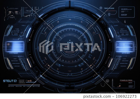 Abstract technology hud interface hologram elements neon lights, circle percent vitality innovation on hi tech future design. Generative AI 106922273