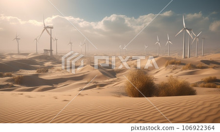 Wind turbines in the desert, renewable energy concept. Generative AI 106922364