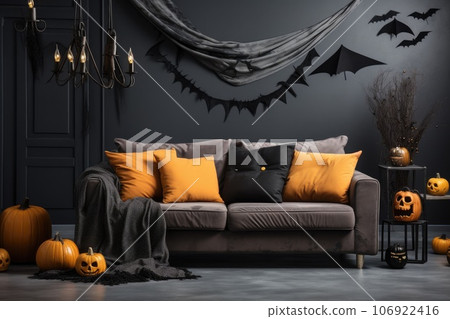 Cozy Living room interior decorate with halloween theme. Generative AI 106922416