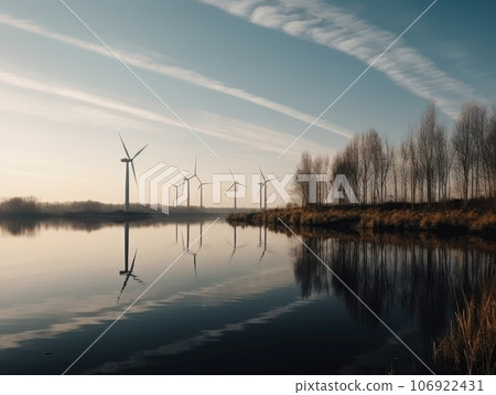 Turbines next to the river. Green energy and eco environment concept. Generative AI Turbines next to the river. Green energy and eco environment concept. Generative AI 106922431