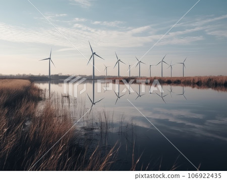 Turbines next to the river. Green energy and eco environment concept. Generative AI 106922435