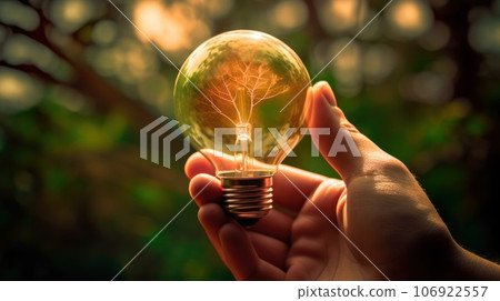A small tree planted in an energy-saving light bulb, holding by a hand, green energy. Generative AI A small tree planted in an energy-saving light bulb, holding by a hand, green energy. Generative AI 106922557