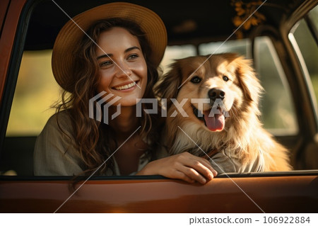 Happy woman with dog travel summer by car in vacation. Generative AI 106922884