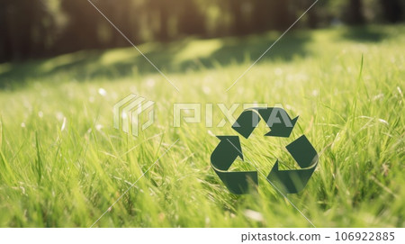 Recycle symbol on the green grass, sustainable and eco environment concept. Generative AI 106922885