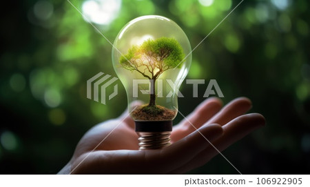 A small tree planted in an energy-saving light bulb, holding by a hand, green energy. Generative AI A small tree planted in an energy-saving light bulb, holding by a hand, green energy. Generative AI 106922905