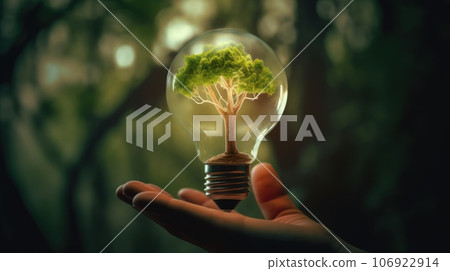 A small tree planted in an energy-saving light bulb, holding by a hand, green energy. Generative AI A small tree planted in an energy-saving light bulb, holding by a hand, green energy. Generative AI 106922914