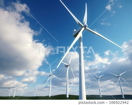 Wind turbines generating electricity with blue sky, energy conservation concept. Generative AI 106922942