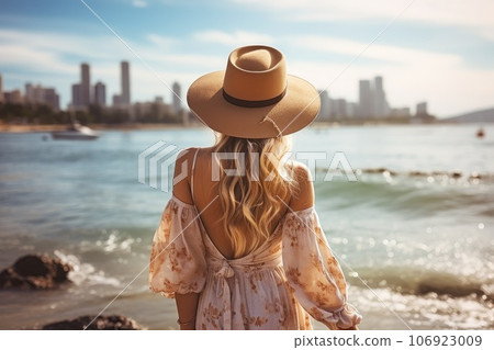 Woman tourist enjoying the sea. trip and journey concept. Generative AI 106923009