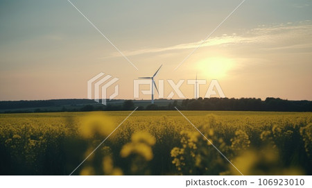Wind turbine in a yellow flower field, Alternative energy. Generative AI Wind turbine in a yellow flower field, Alternative energy. Generative AI 106923010
