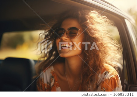 happy woman travel summer by car in vacation. Generative AI 106923311