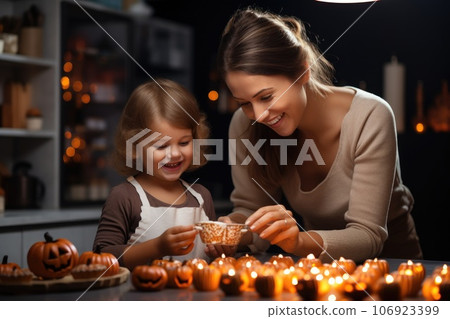 Mother and daughter cooking together in modern kitchen. Halloween concept. Generative AI 106923399