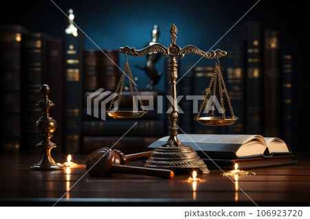 Justice and legal book on wooden table, legal services, advice, Justice concept. Generative AI Justice and legal book on wooden table, legal services, advice, Justice concept. Generative AI 106923720
