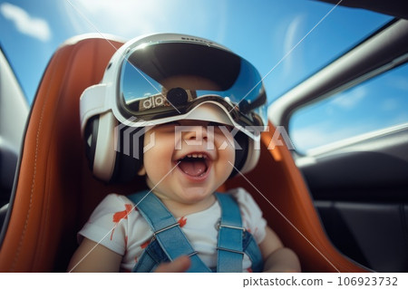 Boy wearing virtual reality headset sitting on car seat. VR goggles innovation technology. Generative AI Boy wearing virtual reality headset sitting on car seat. VR goggles innovation technology. Generative AI 106923732