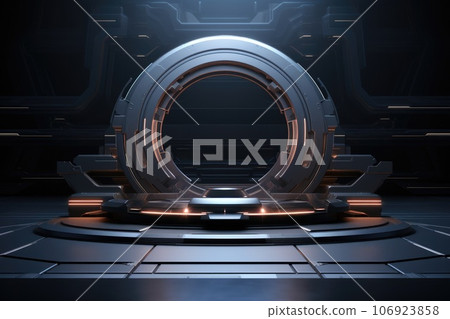 Abstract technology hud interface hologram elements neon lights, circle percent vitality innovation on hi tech future design. Generative AI 106923858