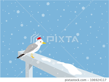 Illustration of a seagull wearing a Santa hat perching on a snowy pier 106924117