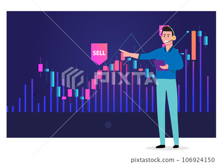 Technical analysis trader to analyze stock market or crypto currency data movement, trend analysis to take profit, buy and sell indicator chart concept, businessman trader magnify candlestick chart. 106924150