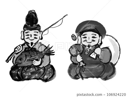 Hand-drawn Japanese style illustration of Ebisuten and Daikokuten of the Seven Lucky Gods 106924220