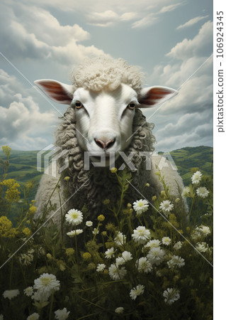 Image of sheep in a beautiful field of flowers. Farm Animals., Generative AI, Illustration. 106924345