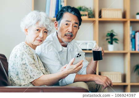 Senior couple looking at smartphone in living room 106924397
