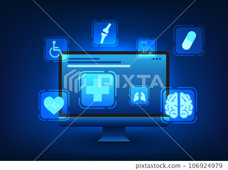 Medical technology Computer with medical icons It shows that patients can contact to consult about their symptoms through the communication system instead of coming to the hospital 106924979