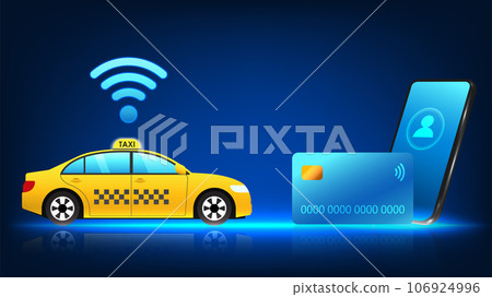 Smartphone technology linked to credit cards can pay taxi drivers via mobile phone. The taxi has a Wi-Fi sign and a mobile phone with a credit card on the front. Smartphone technology linked to credit cards can pay taxi drivers via mobile phone. The taxi has a Wi-Fi sign and a mobile phone with a credit card on the front. 106924996