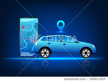Car technology connected to smartphones helps identify the location and navigate to the destination. A car with a pin on top and a mobile phone with a map on the screen with the location indicated. Car technology connected to smartphones helps identify the location and navigate to the destination. A car with a pin on top and a mobile phone with a map on the screen with the location indicated. 106925003