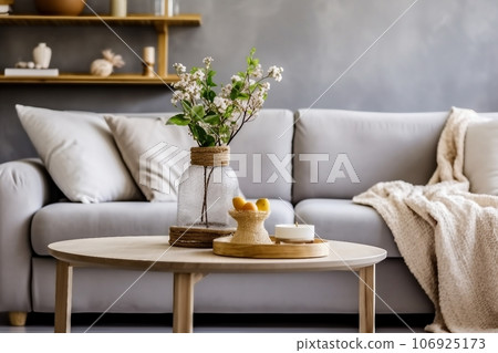 Scandinavian living room interior with design grey sofa, wooden coffee table, plants, shelf, spring flowers in vase, decoration and elegant personal accessories at home decor. 106925173