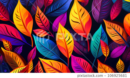 手绘卡通唯美的多彩渐变色植物树叶背景花纹图案 106925681