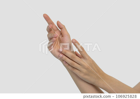 Skin care for hands, manicure and beauty treatment. Elegant and graceful hands with slender fingers. Closeup beautiful woman hands. 106925828