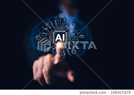 AI (Artificial intelligence), Chatbot growing concept. Businessman hand use smartphone with analytics information trends technology. Business link digital marketing. Big data and Financial banking AI (Artificial intelligence), Chatbot growing concept. Businessman hand use smartphone with analytics information trends technology. Business link digital marketing. Big data and Financial banking 106925870