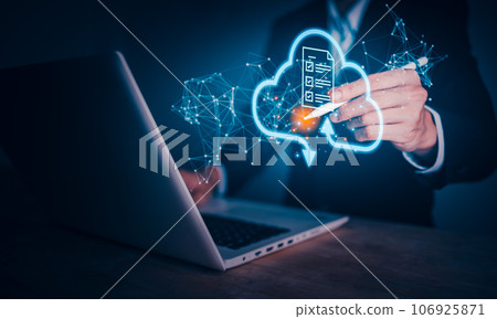 Cloud connection computing technology concept with businessman use laptop (Notebook). Data transfer on social network, Server and storage, Internet security, Big data analytics, Business intelligence Cloud connection computing technology concept with businessman use laptop (Notebook). Data transfer on social network, Server and storage, Internet security, Big data analytics, Business intelligence 106925871
