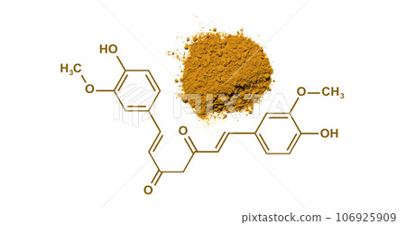 Organic Curcuma Powder with molecular structure, cosmetic chemical ingredient on white laboratory table. Organic Curcuma Powder with molecular structure, cosmetic chemical ingredient on white laboratory table. 106925909