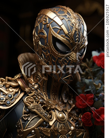 Superhero man in black mask with golden patterns in the form of web. AI Superhero man in black mask with golden patterns in the form of web. AI 106925917