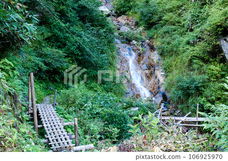 Log bridge spanning Asohara Valley next to Asohara Onsen Hut in Miyama Valley Log bridge spanning Asohara Valley next to Asohara Onsen Hut in Miyama Valley 106925970