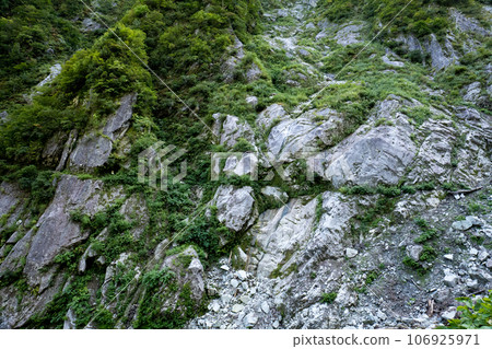 Scenery of the Kurobe Gorge horizontal walkway in early autumn in October when greenery still remains near the upstream entrance and exit of the Shigodani tunnel. Scenery of the Kurobe Gorge horizontal walkway in early autumn in October when greenery still remains near the upstream entrance and exit of the Shigodani tunnel. 106925971