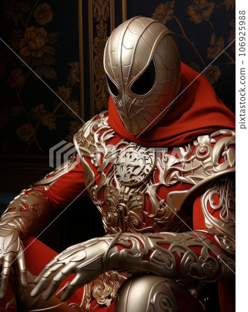 Superhero man in white mask with golden patterns in the form of web. AI Superhero man in white mask with golden patterns in the form of web. AI 106925988