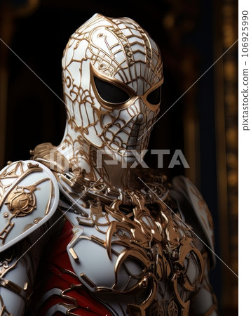 Superhero man in white mask with golden patterns in the form of web. AI Superhero man in white mask with golden patterns in the form of web. AI 106925990