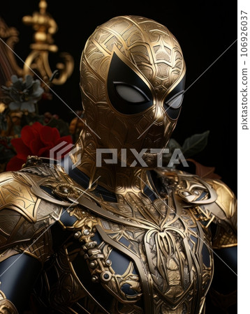 Superhero man in gold mask with golden patterns in the form of web. AI 106926037